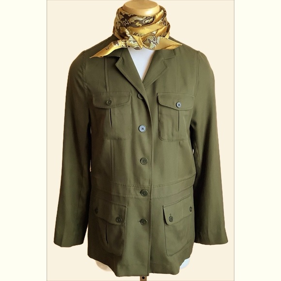 RALPH LAUREN Olive Green Silk Twill Safari Shirt Blazer Size M - Picture 1 of 14